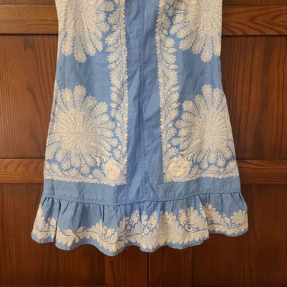 Vintage Free People Blue & White Lace Trim Linen Mini Shift Dress Y2K - Picture 5 of 8
